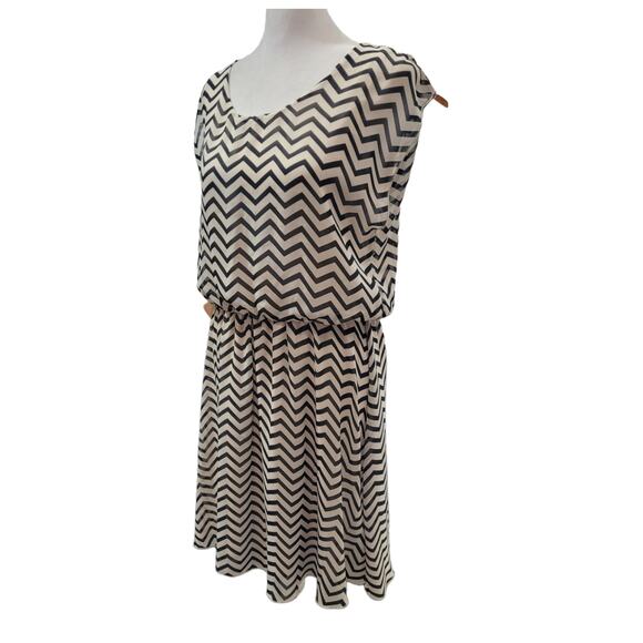 Tacera Chevron Mini Dress PM Petite Blouson Elastic Waist Beachy Boho Vacation - Picture 5 of 8